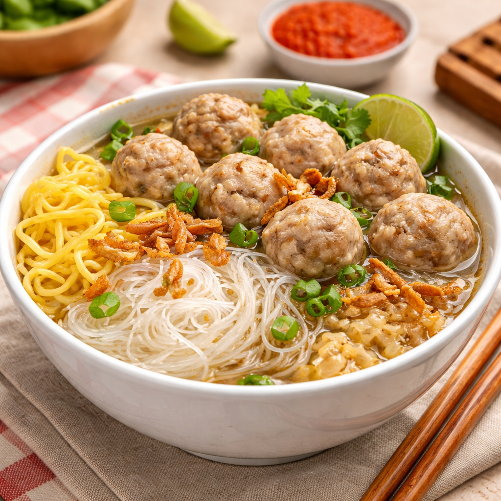 Bakso dengan soun bihun mie kuning